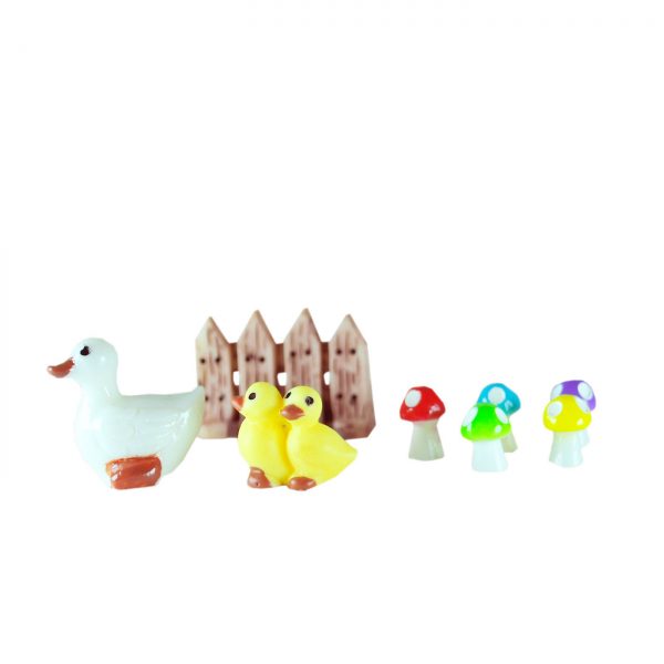 DUCK + BABIES + FENCE + MUSHROOMS