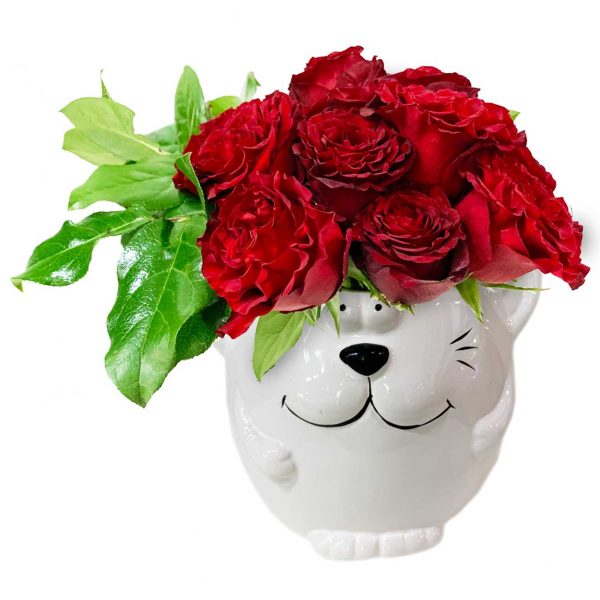 Smiling Cat Pot with Roses